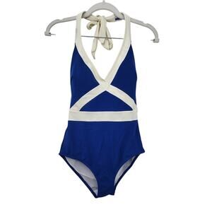 Boden Kefalonia Halter Neck Swimsuit Size US 6 Blue White Cobalt One Piece